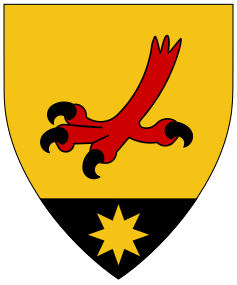 Or, an eagle's foot erased gules and on a base sable a mullet of eight points Or.